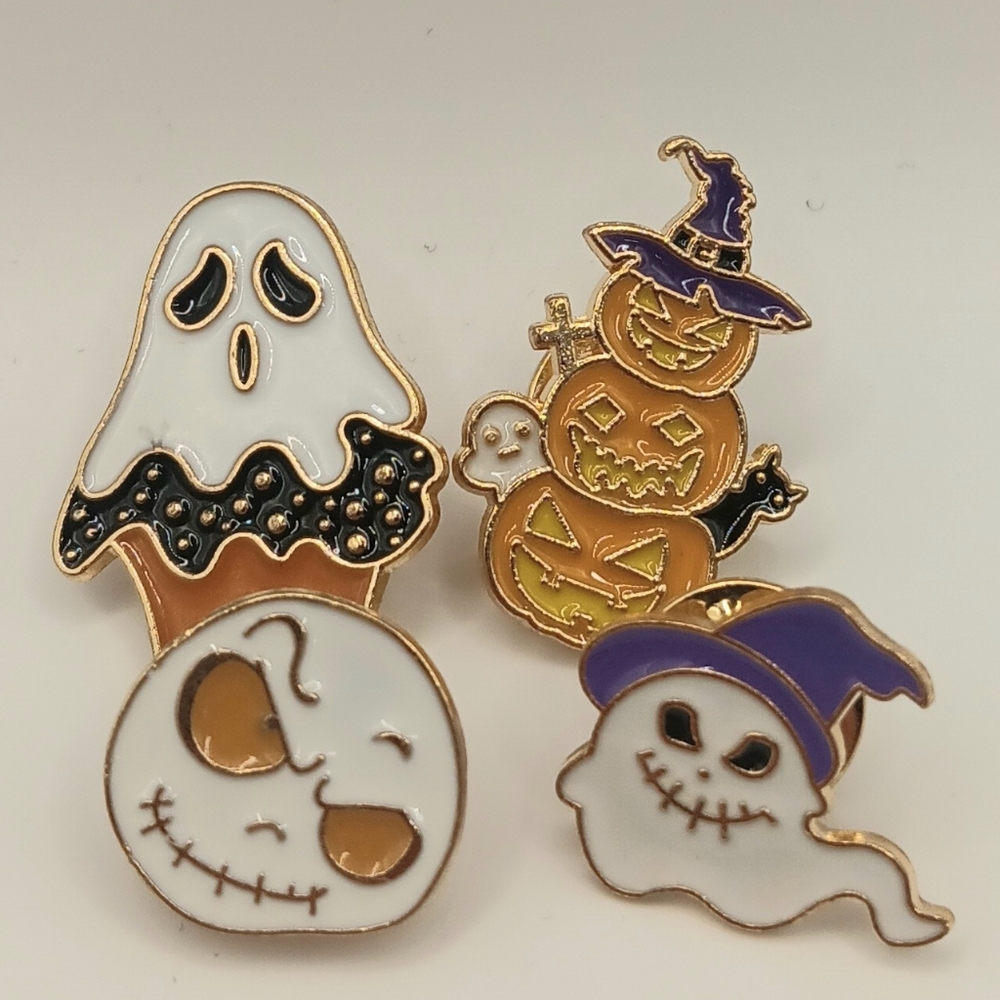 Halloween Ghost & Pumpkin Metal Enamel Pin Set  Of 4, Cute Fall Brooches